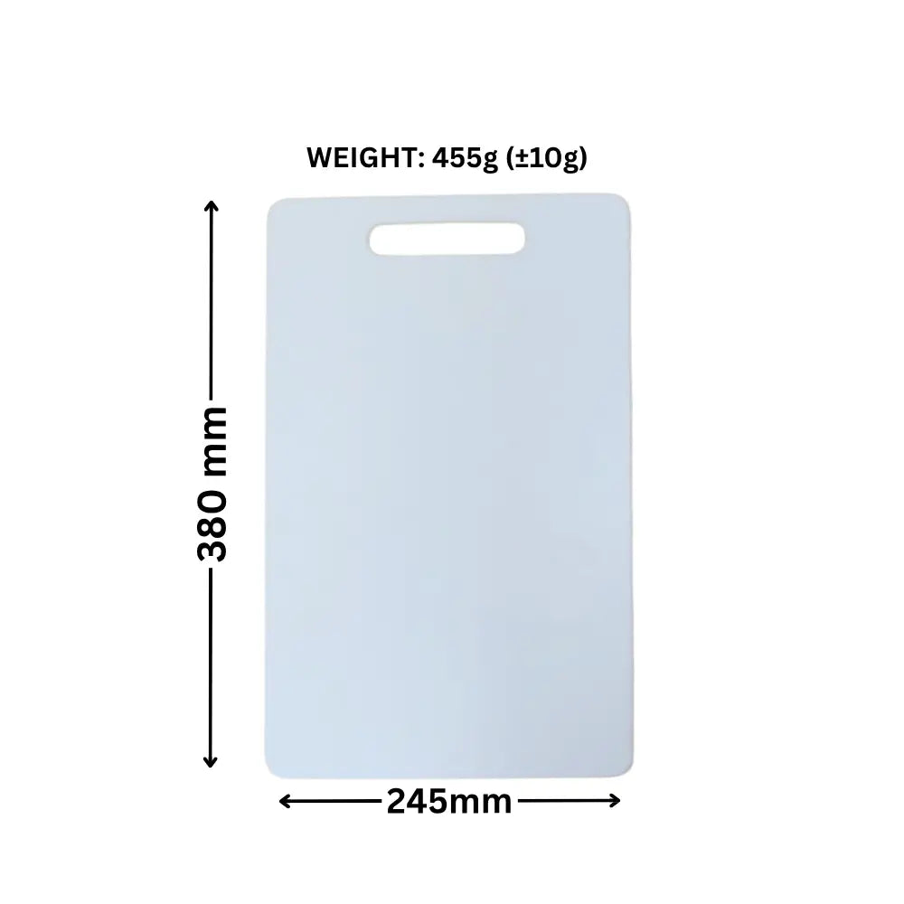 Rectangular cutting board with measurements and weight information