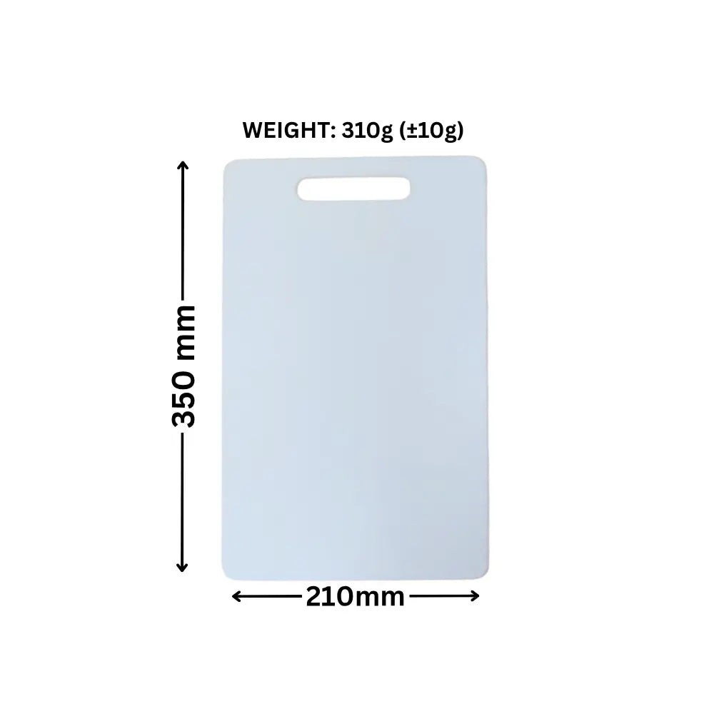Rectangular cutting board with measurements and weight information