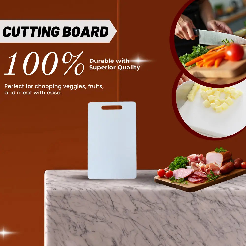 White cutting board with text about durability and quality, surrounded by food preparation images.