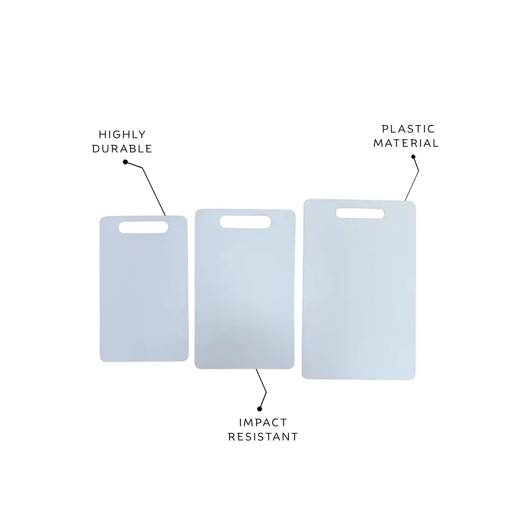 3 cutting boards labeled as highly durable, plastic material, and impact resistant