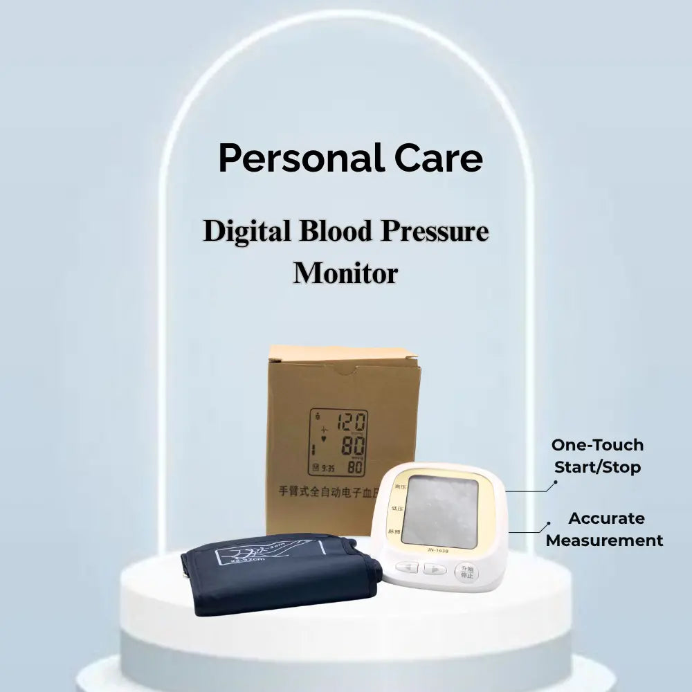 Digital blood pressure monitor with a blood pressure cuff on a light blue background