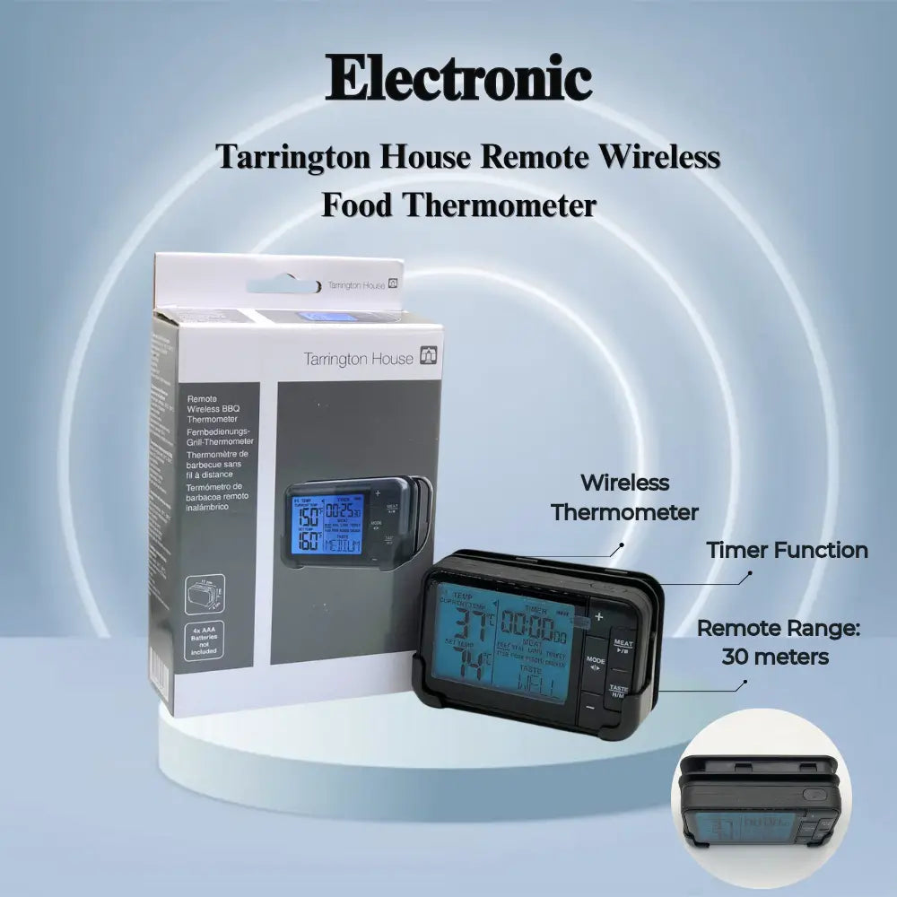 Tarrington House Remote Wireless Food Thermometer with packaging on a light blue background