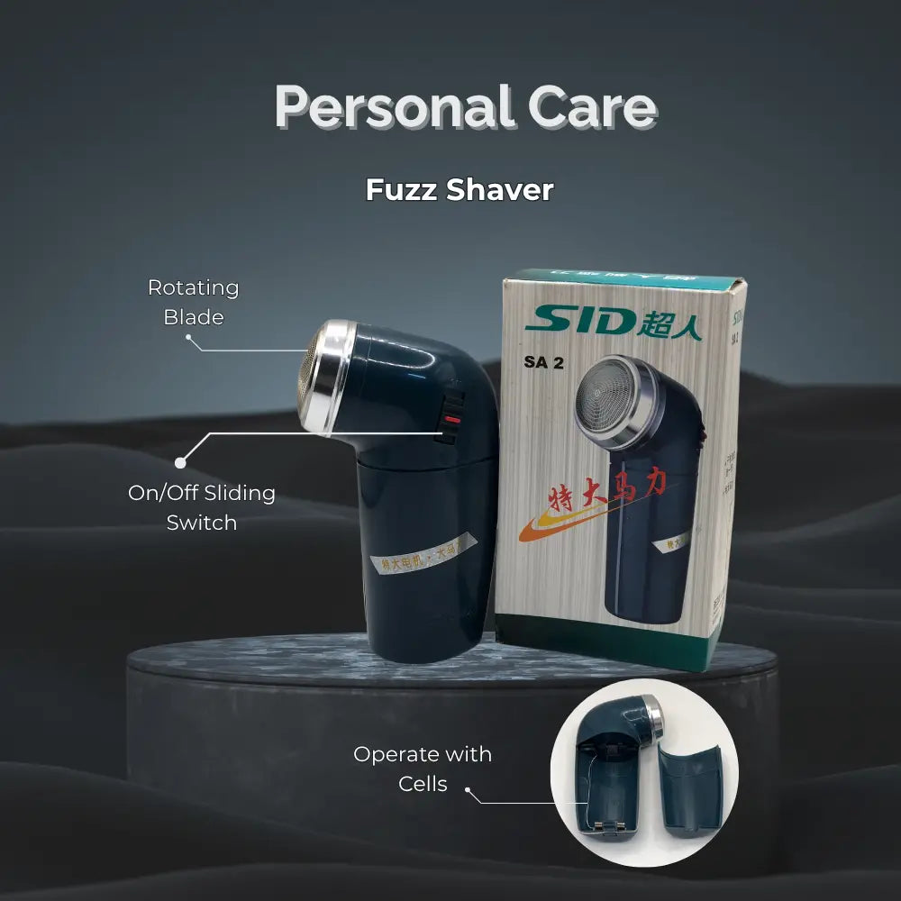 Fuzz shaver with packaging on a dark background, labeled 'Personal Care'