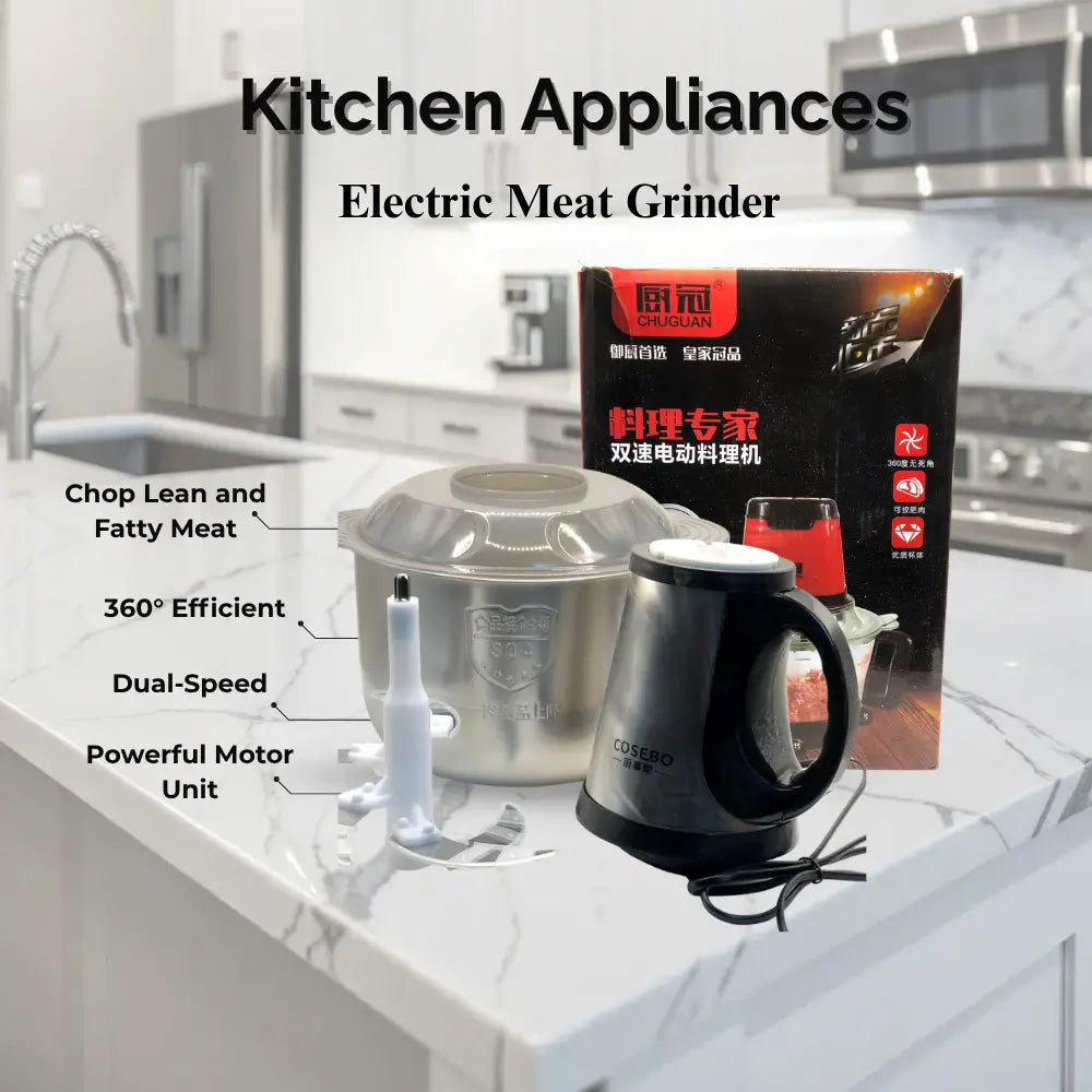 Electric meat grinder with packaging on a kitchen counter, featuring text highlighting features.