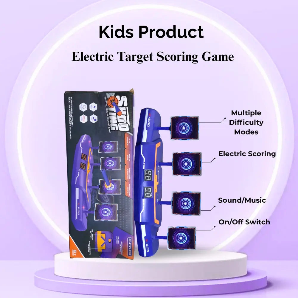Electric target scoring game with packaging on a white and purple background