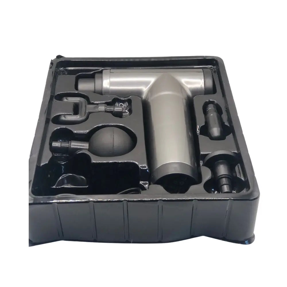 Fascual Gun Muscle Massager toolkit with various components in a black tray