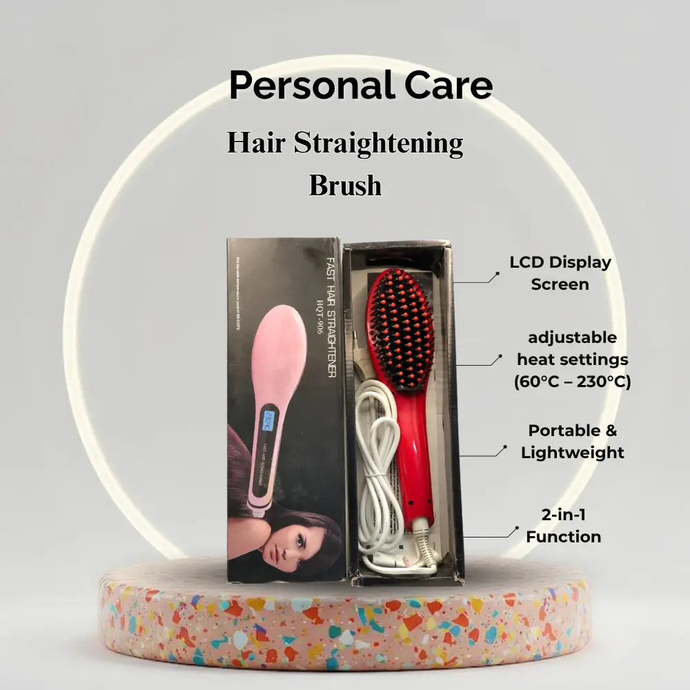 Hair straightening brush with packaging on a decorative stand, featuring text details.