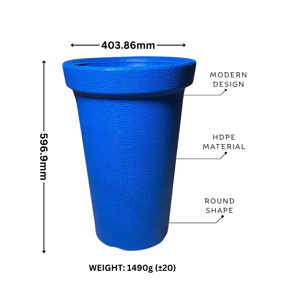 Blue HDPE pot with measurements and material details