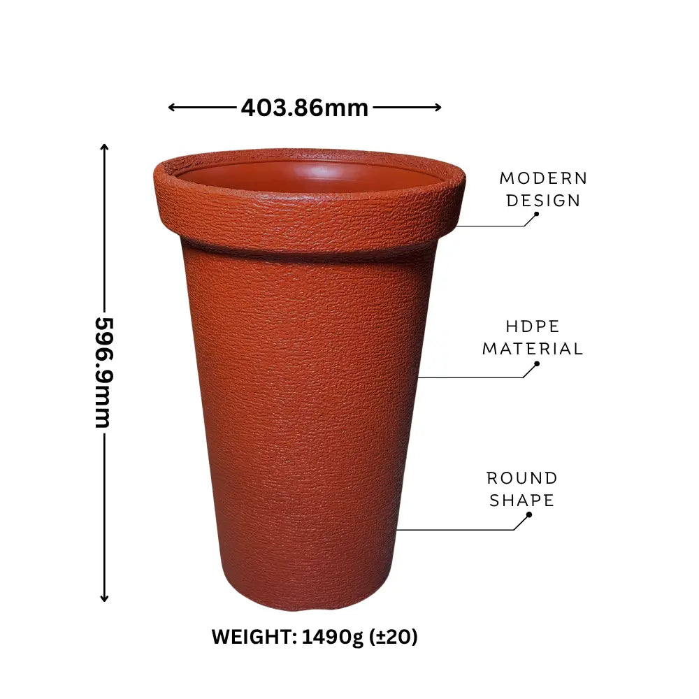Brown clay pot with measurements and material details