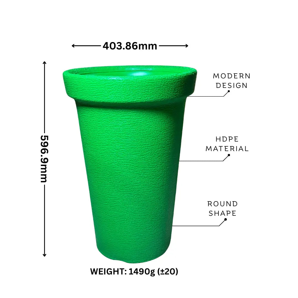 Green HDPE Flower Pot container with measurements and material details