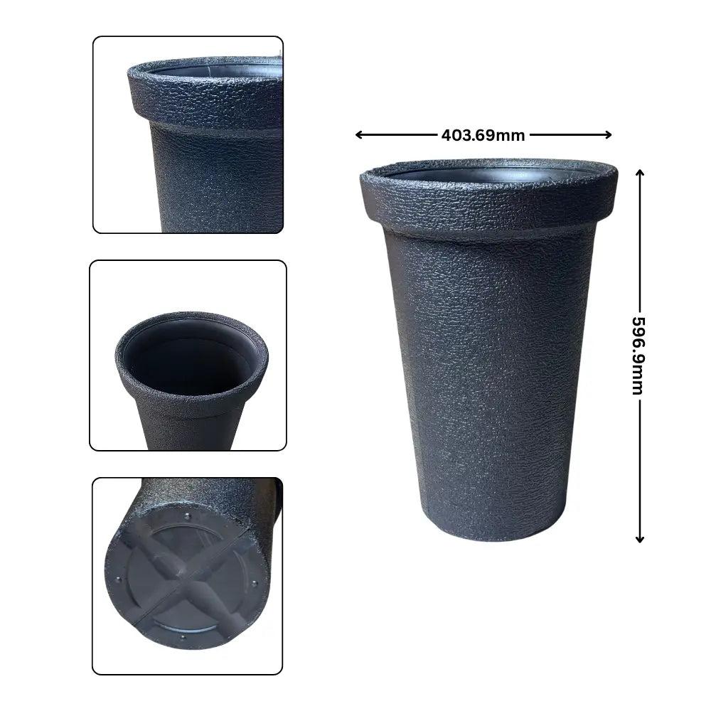 Grey plastic pot with dimensions indicated 