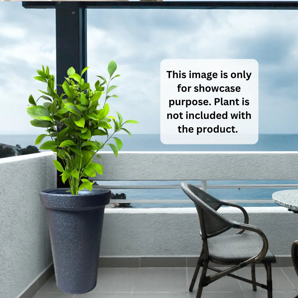 Grey Potted plant on a balcony with a chair and table in the background