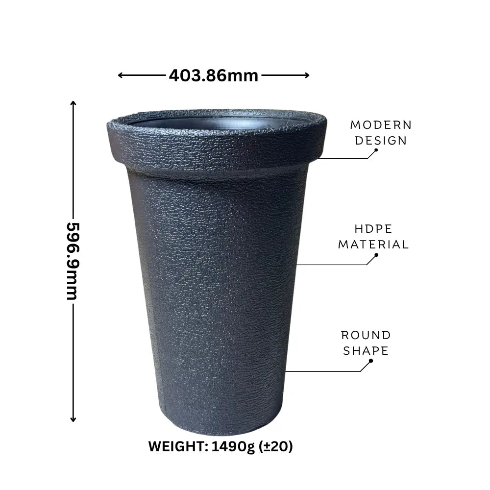 Grey HDPE planter with measurements and material details