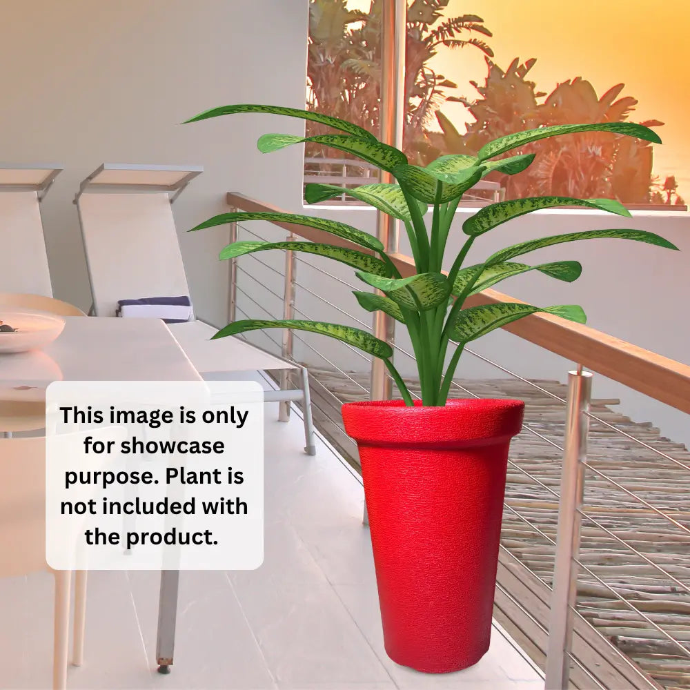Red potted plant in a modern indoor setting with a view of trees outside.