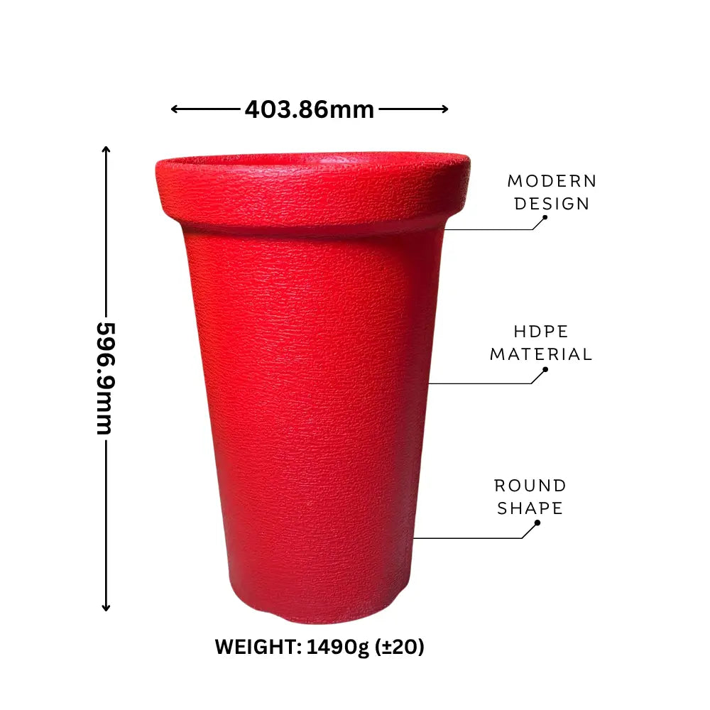Red plastic pot with measurements and material details