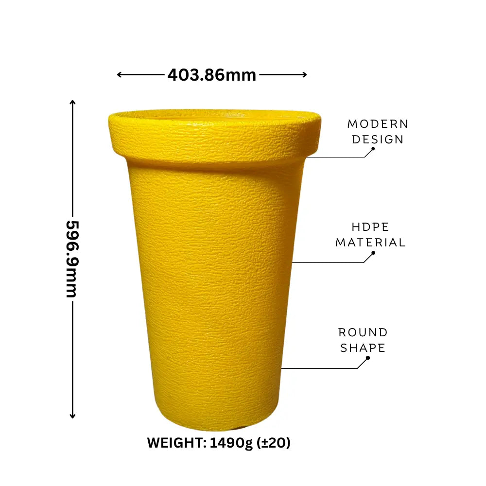 Yellow HDPE container with measurements and material details