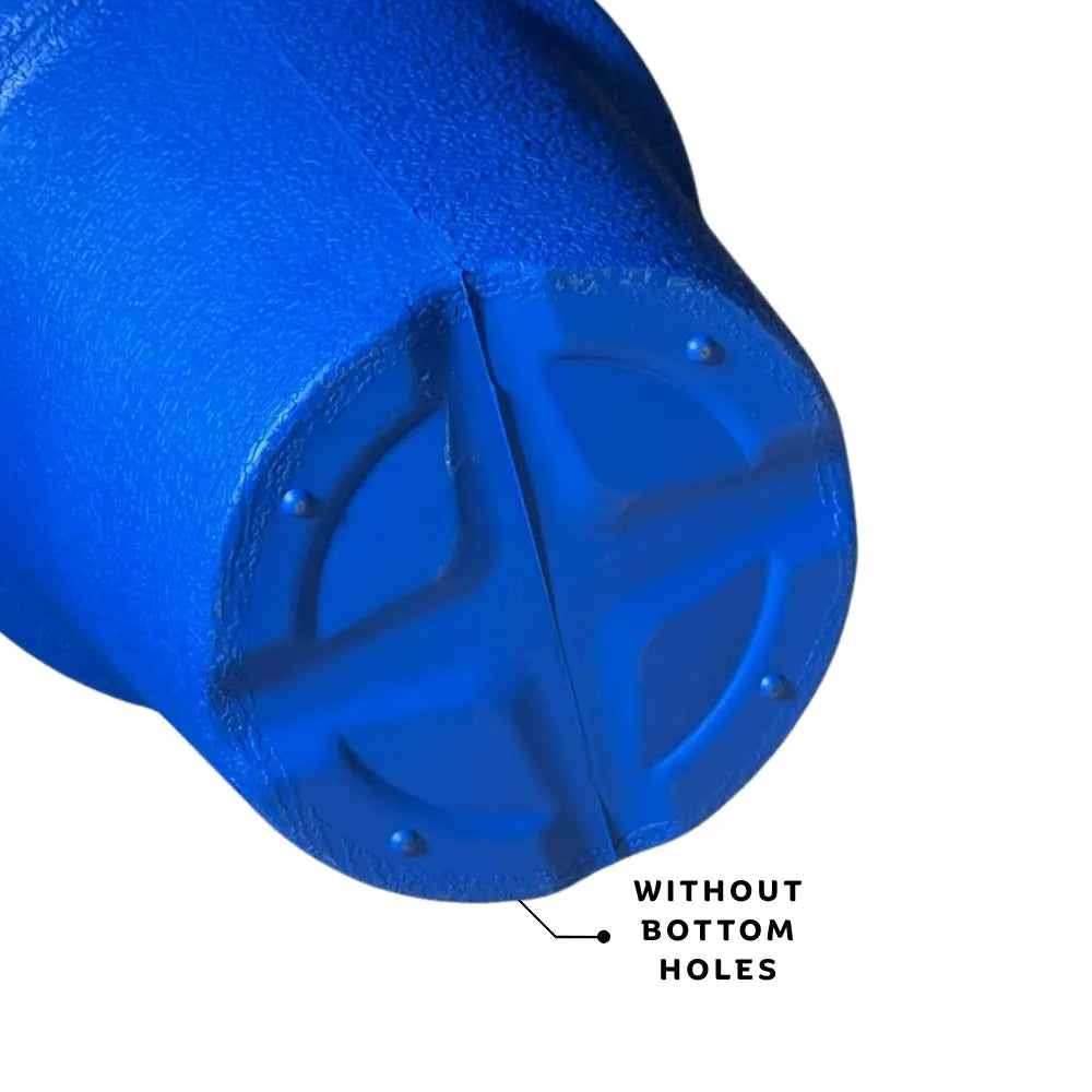 Blue pot with text indicating 'Without Bottom Holes' 