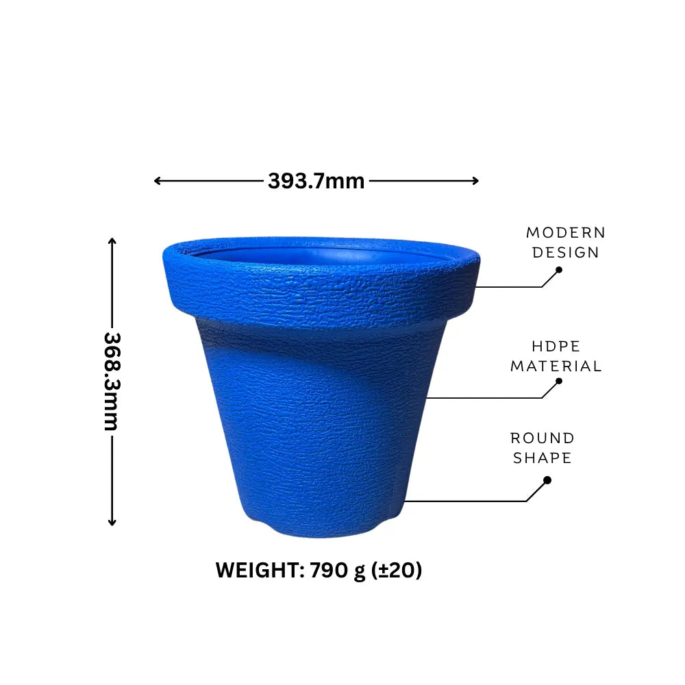 Blue pot with measurements and material details
