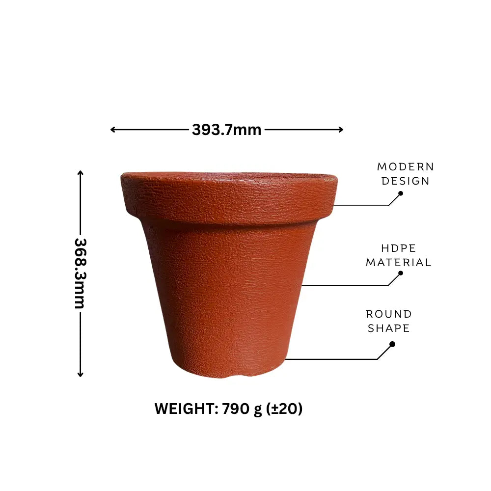 Brown pot with measurements and material details