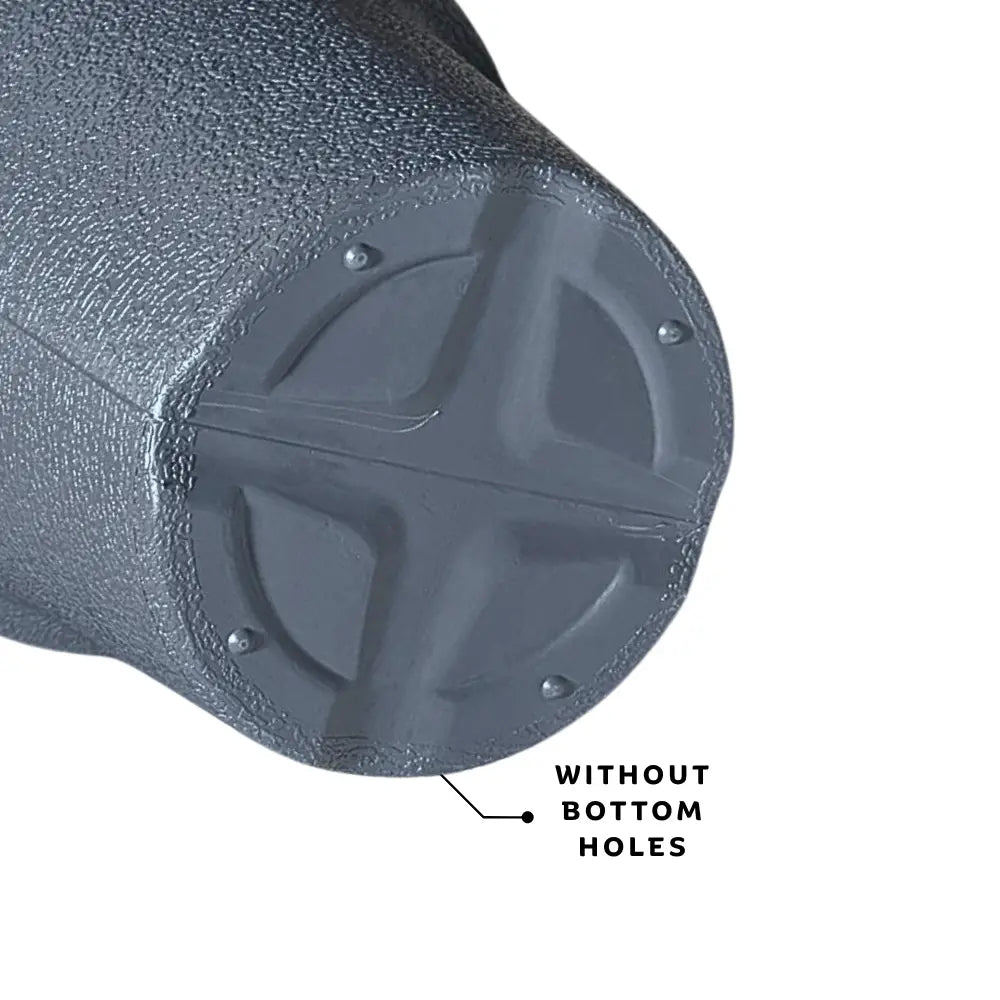 Close-up of a gray textured pot with a circular design, labeled 'Without Bottom Holes'.