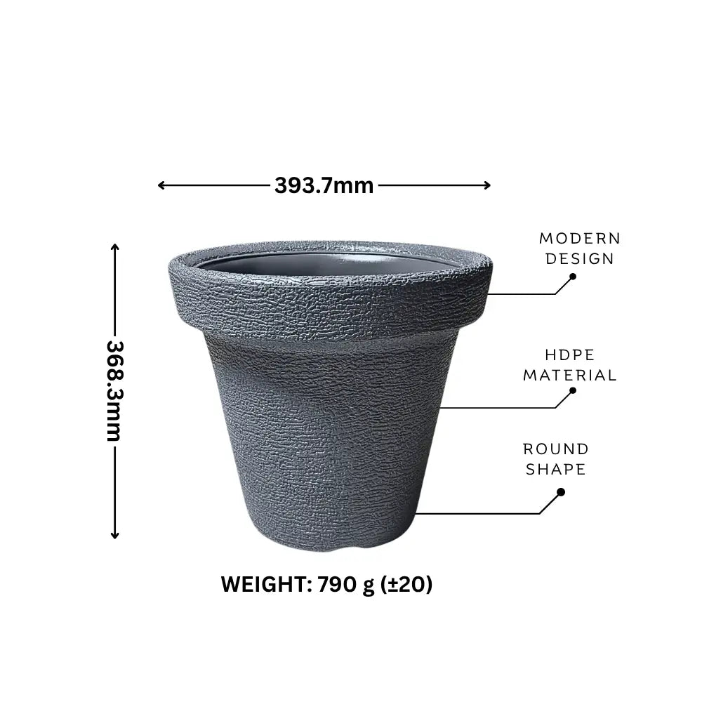 Gray pot with measurements and material details