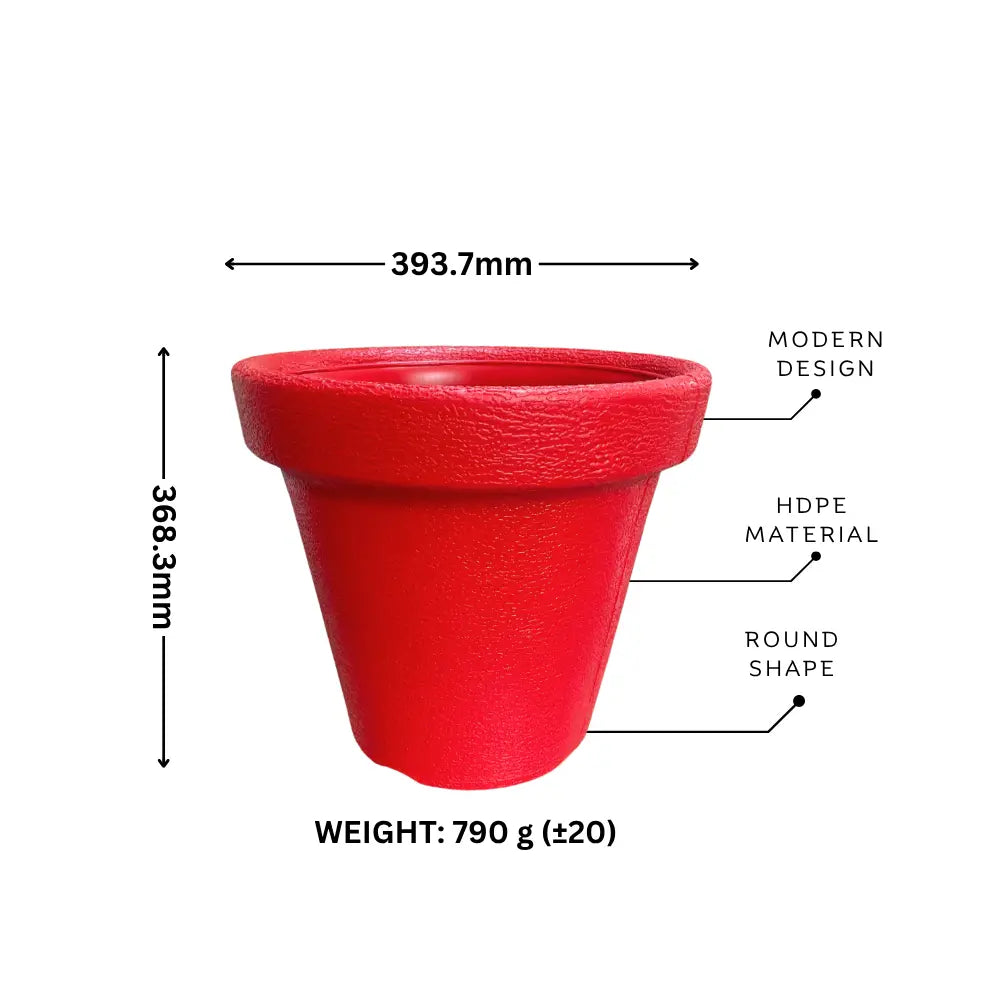 Red pot with measurements and material details