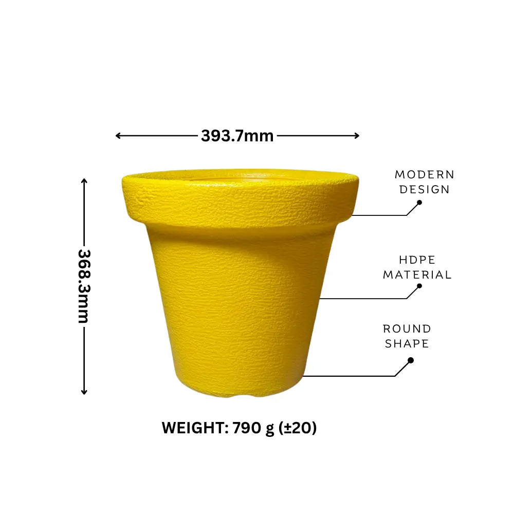 Yellow pot with measurements and material details