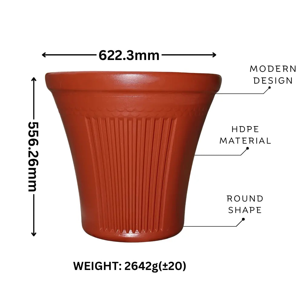 Brown clay pot with measurements and material details