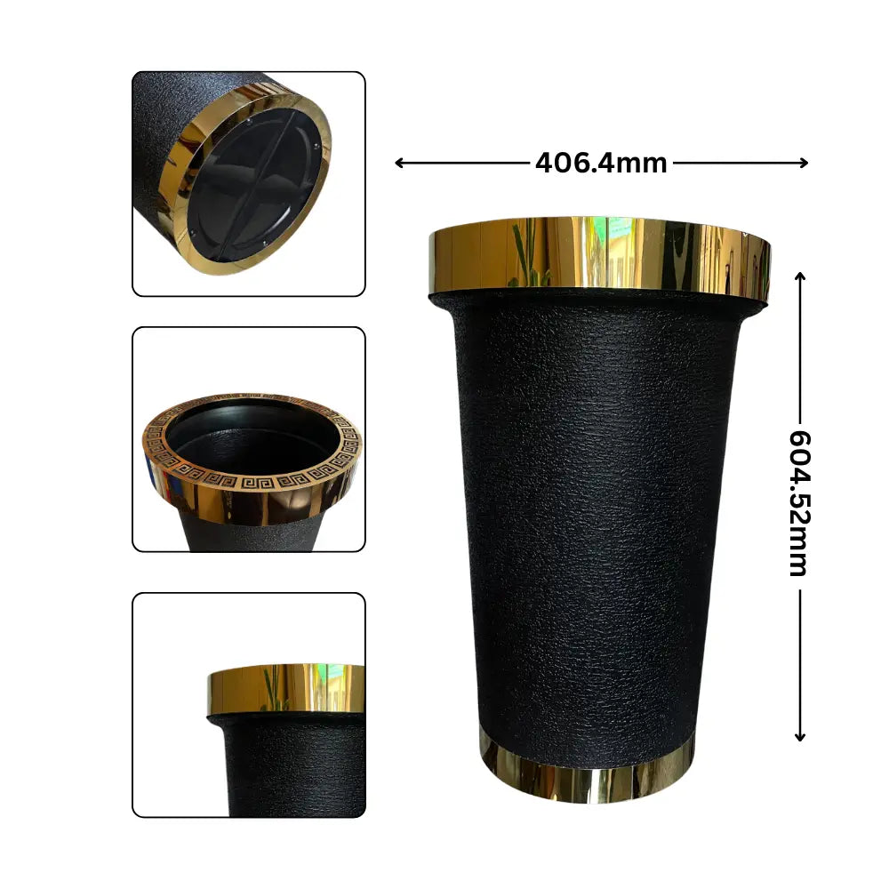 Black Flower Pot with gold metal accents measurements 