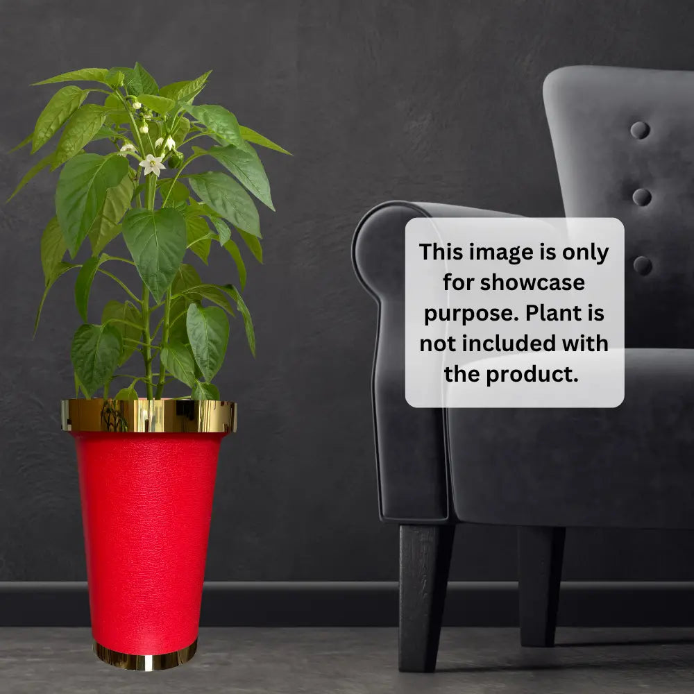 Red planter with gold ring next to a gray chair