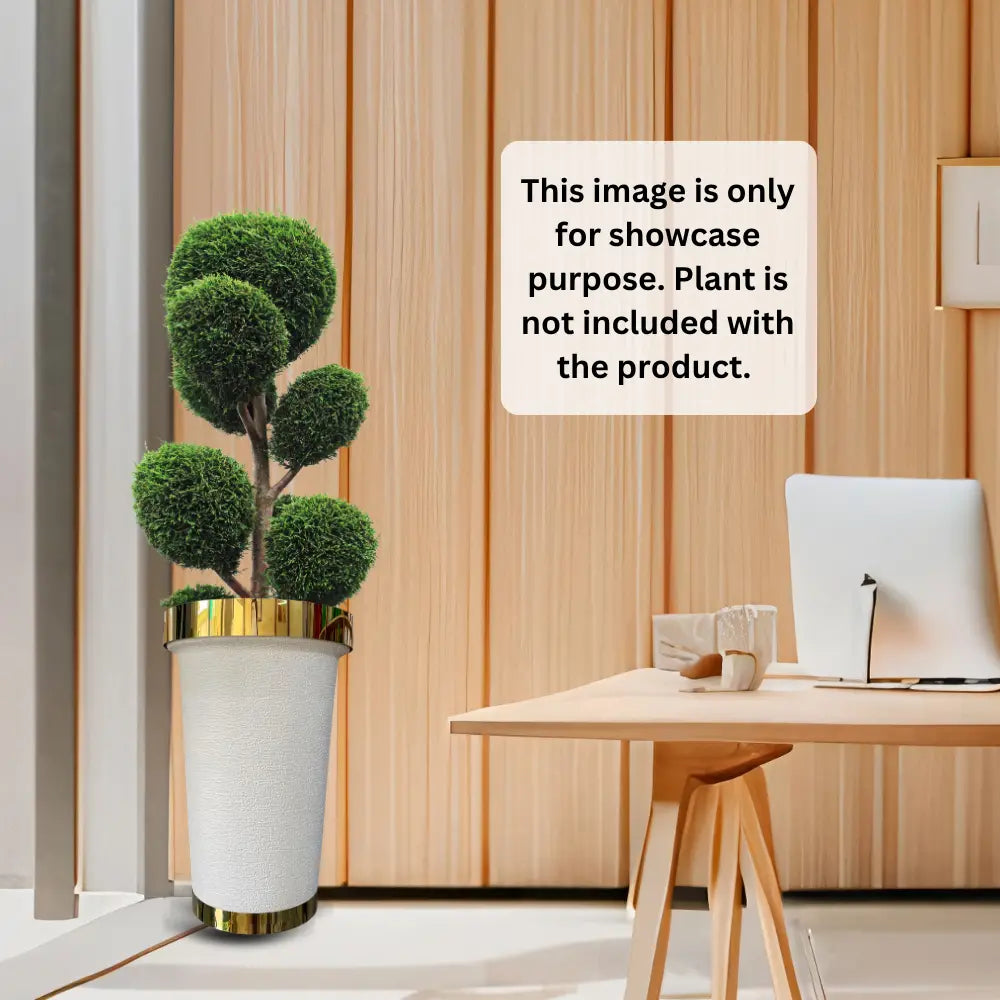Potted flower plant metal ring on a desk with a wooden wall background