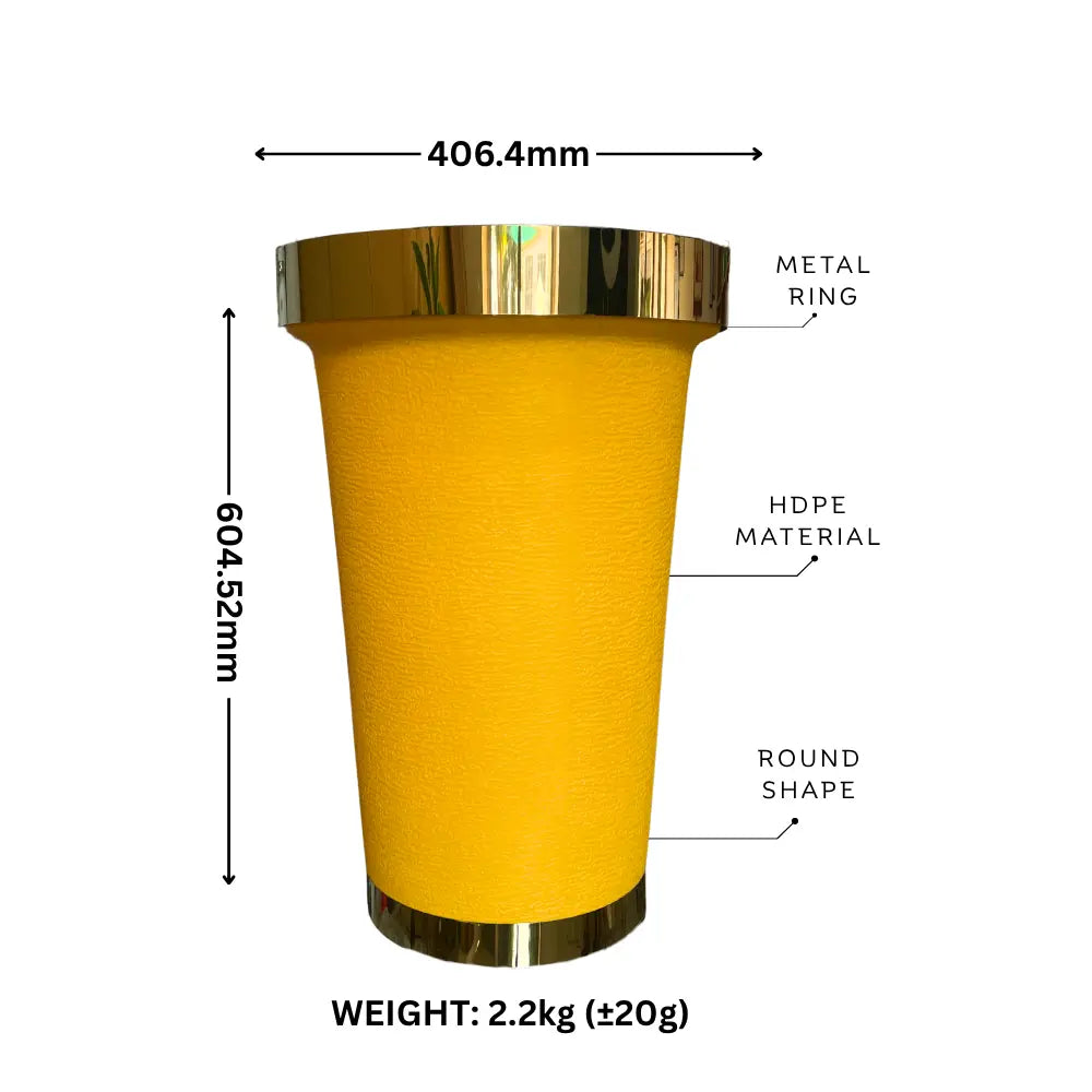 Yellow Flower Pot with gold metal accents measurements 