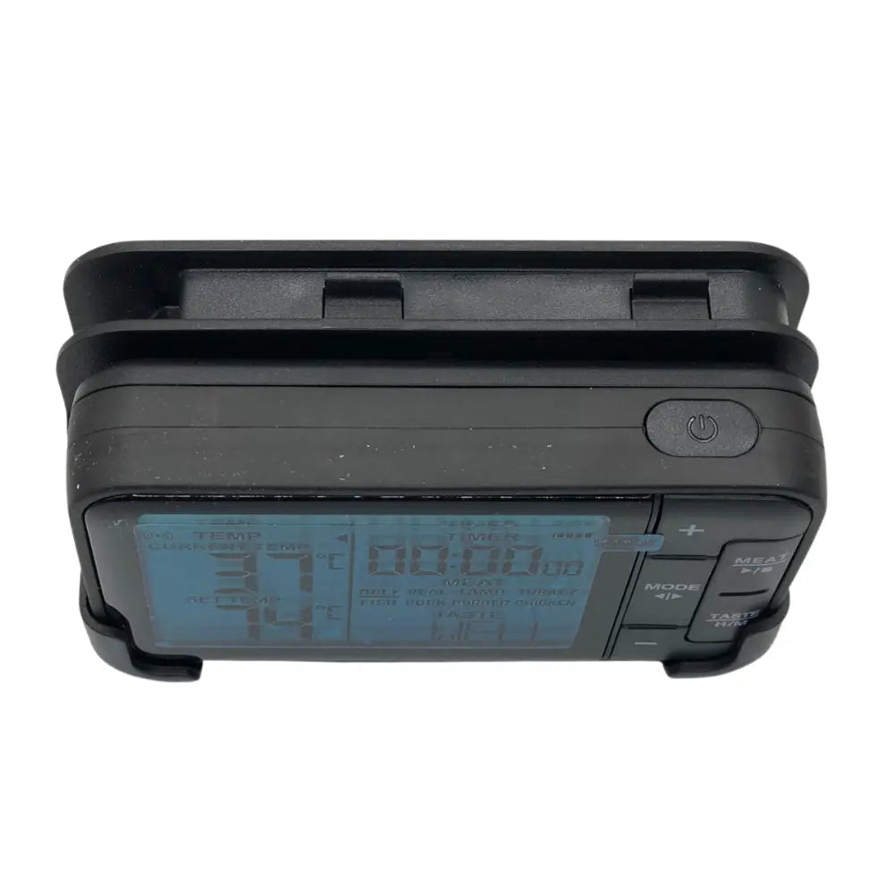 Black digital thermometer device with a blue display including power button