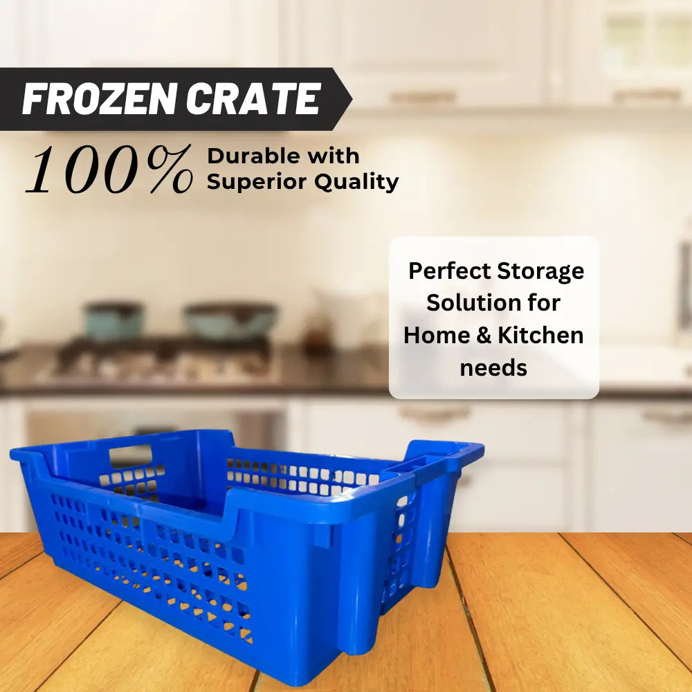 Blue frozen crate on a kitchen floor with text about durability and storage solutions.