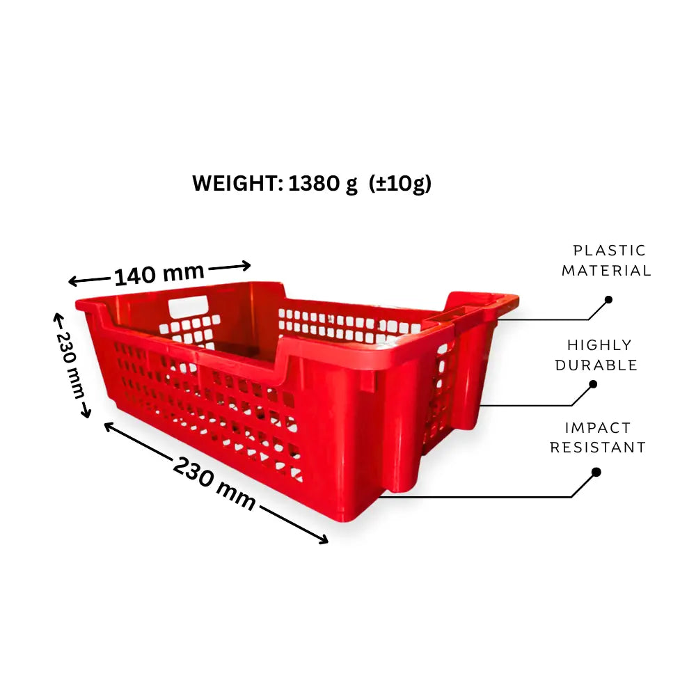Red plastic basket with measurements and material properties