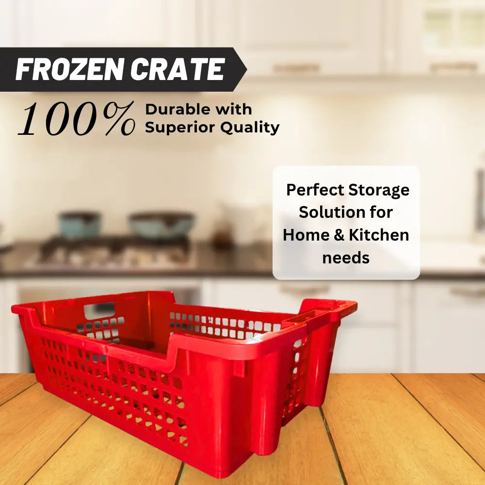 Red frozen crate on a wooden floor with kitchen background and text about durability and storage solution.