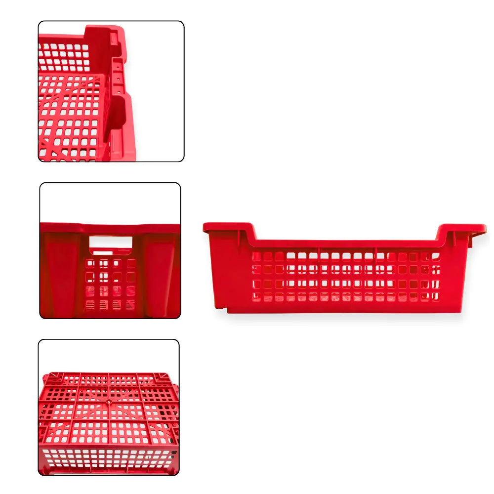 Red plastic crate shown from multiple angles