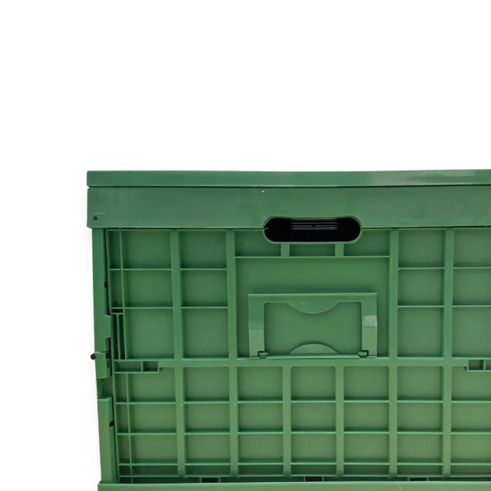 Green plastic folding crate with handle