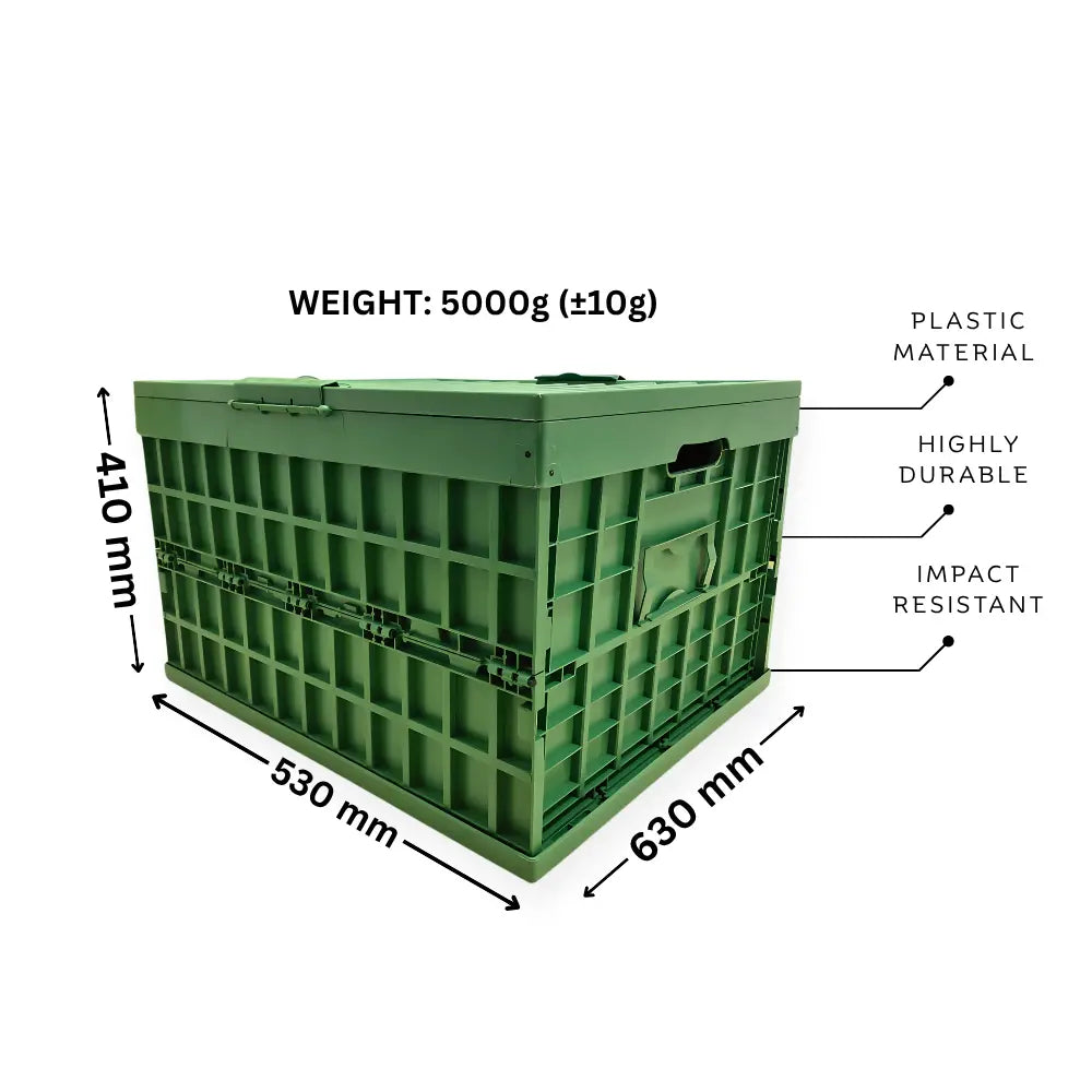 Green plastic crate with dimensions and material properties                                                                                             