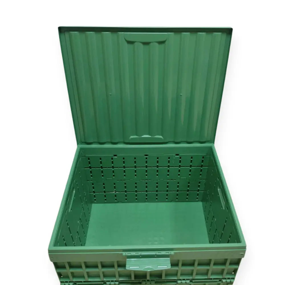 Green plastic folding crate with lid