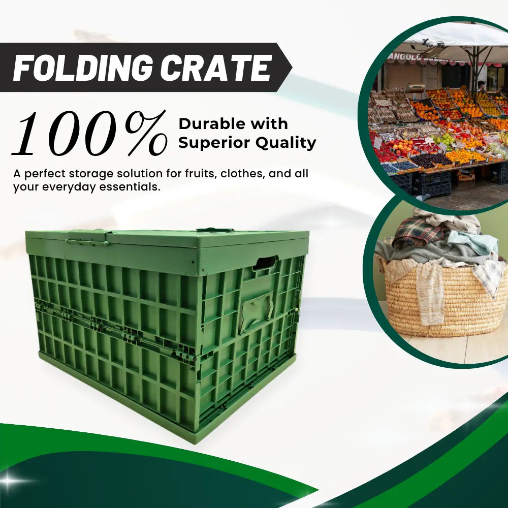Green folding crate with text about durability and quality, used for storing fruits, clothes, and everyday essentials.