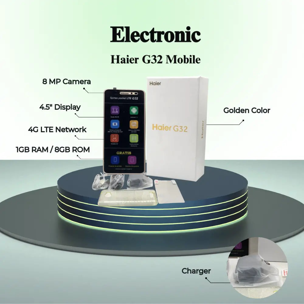 Haier G32 mobile phone with packaging on a stand, showing specifications.