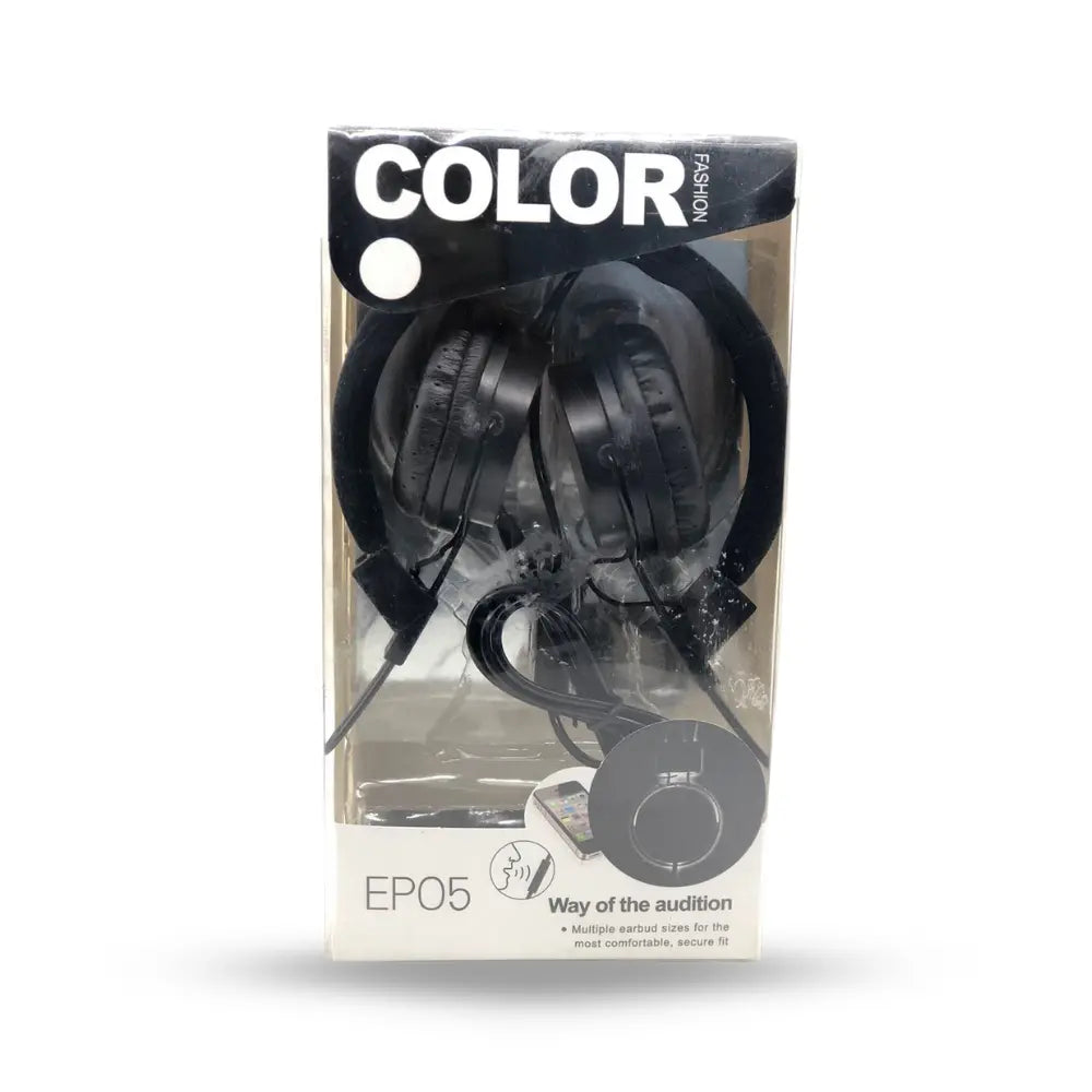 Packaged black headphones of model EP05 with 'COLOR' branding on a white background