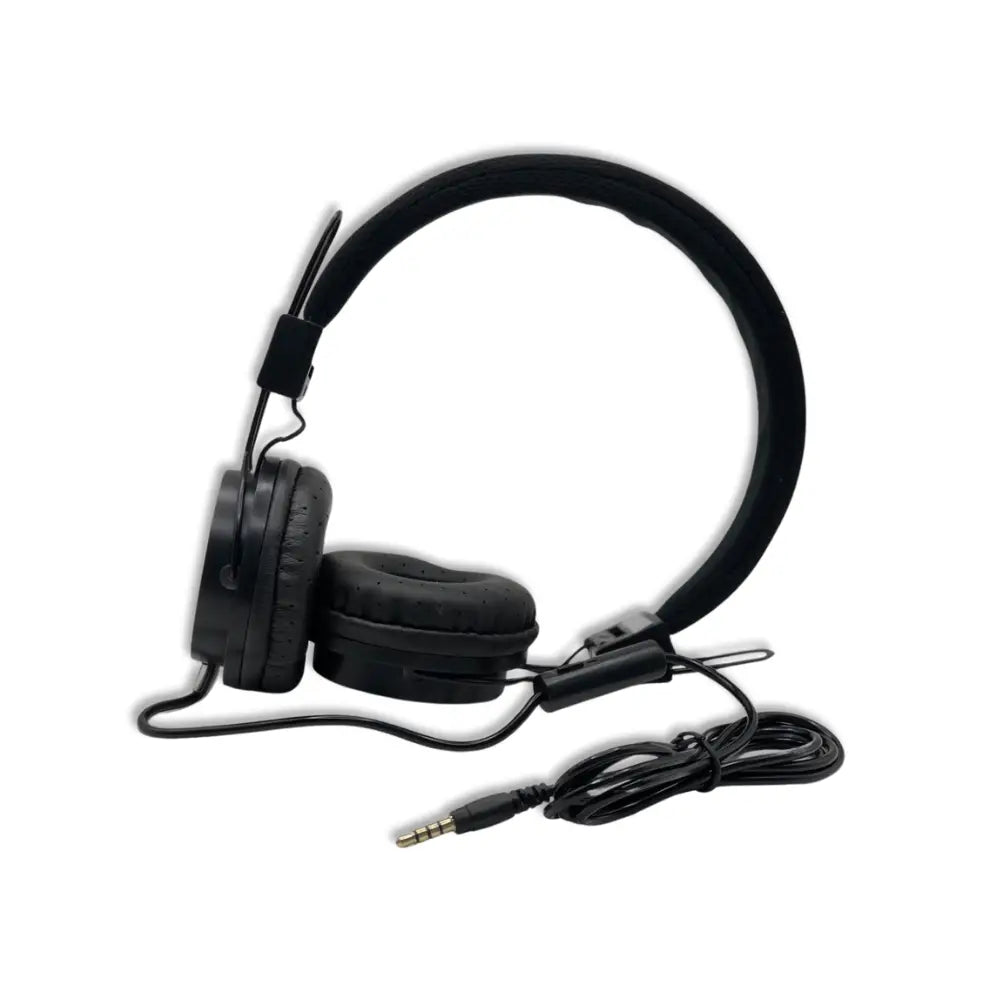 Black headphones with a cable on a white background