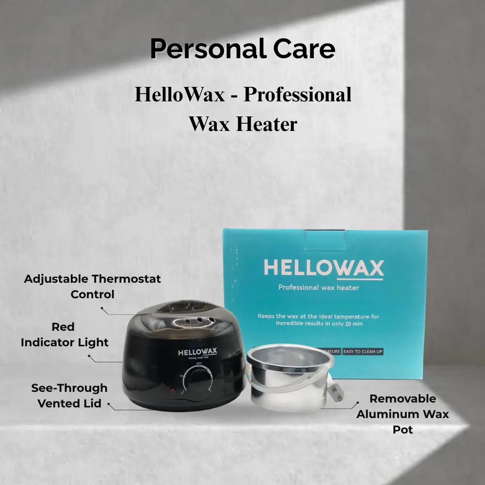 Hellowax professional wax heater with packaging on a gray background