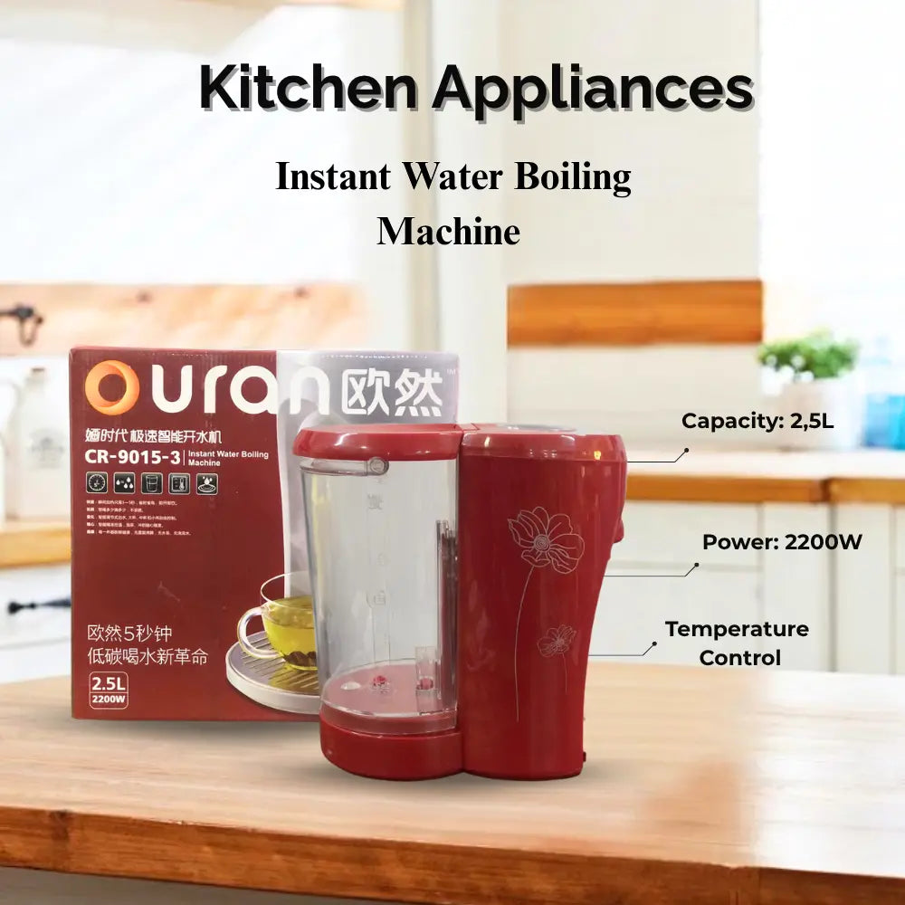Red instant water boiling machine with packaging on a kitchen counter