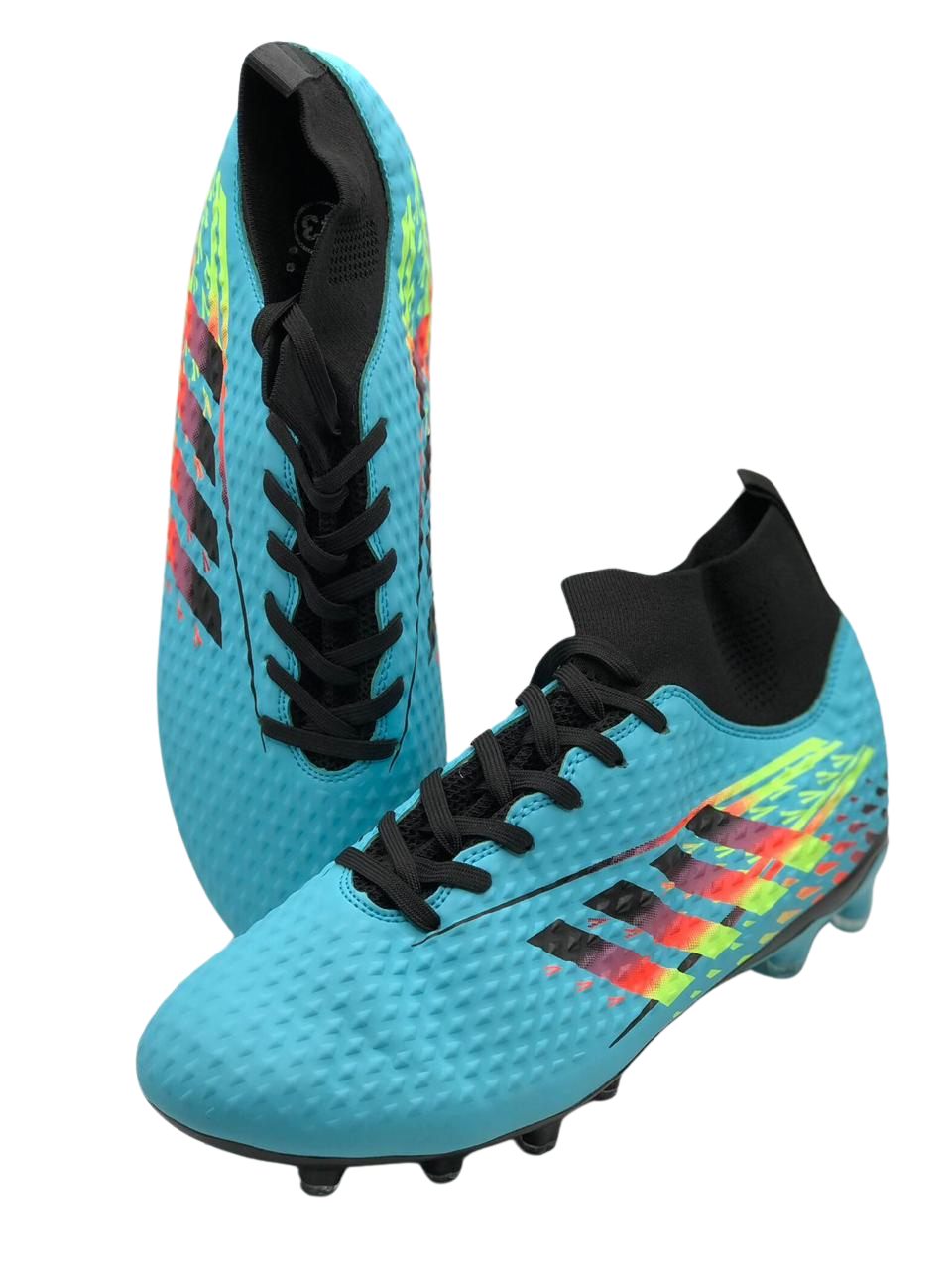 Light Blue Soccer Cleats Multicolored Side Patterns