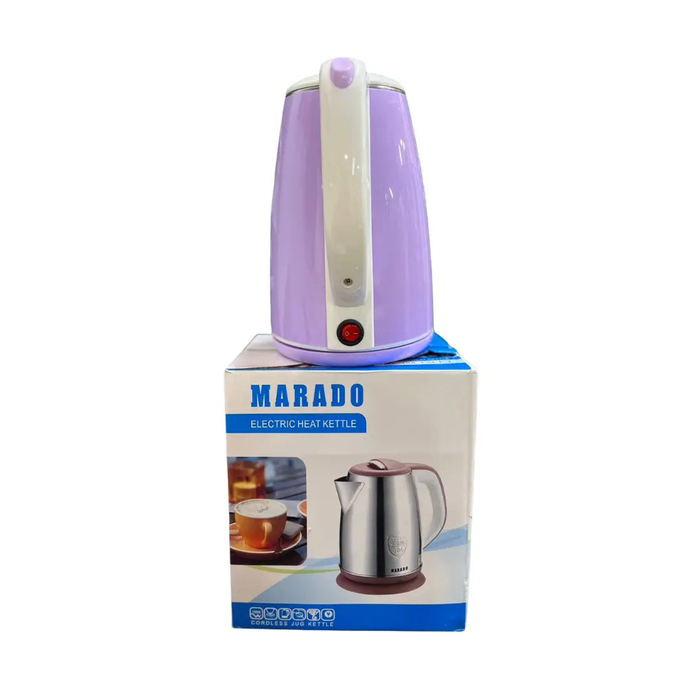 Purple electric kettle on a Marado branded box with a white background