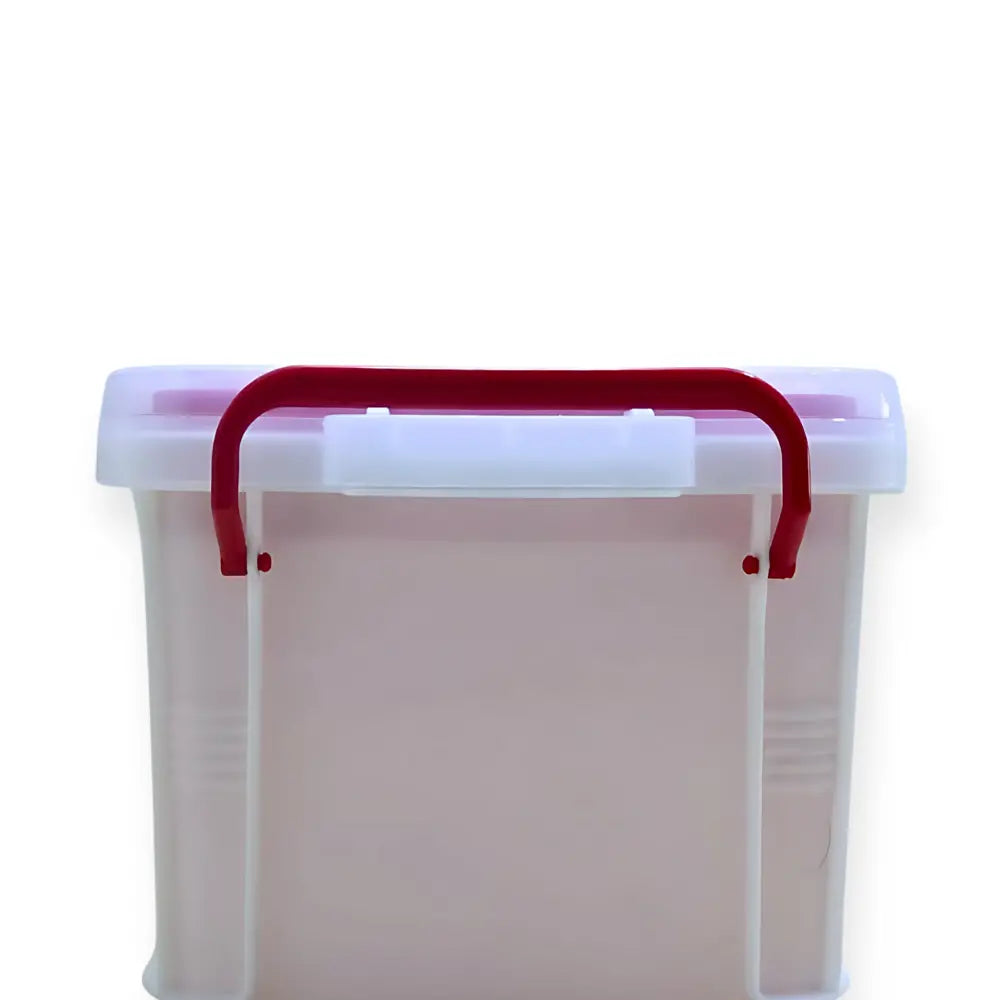 Clear storage box with a red handle