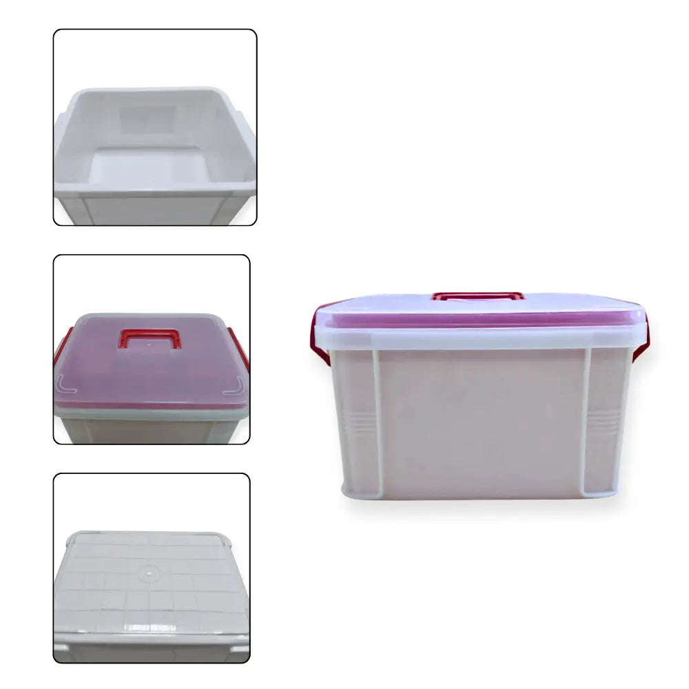 Clear plastic medicine storage box with a red lid